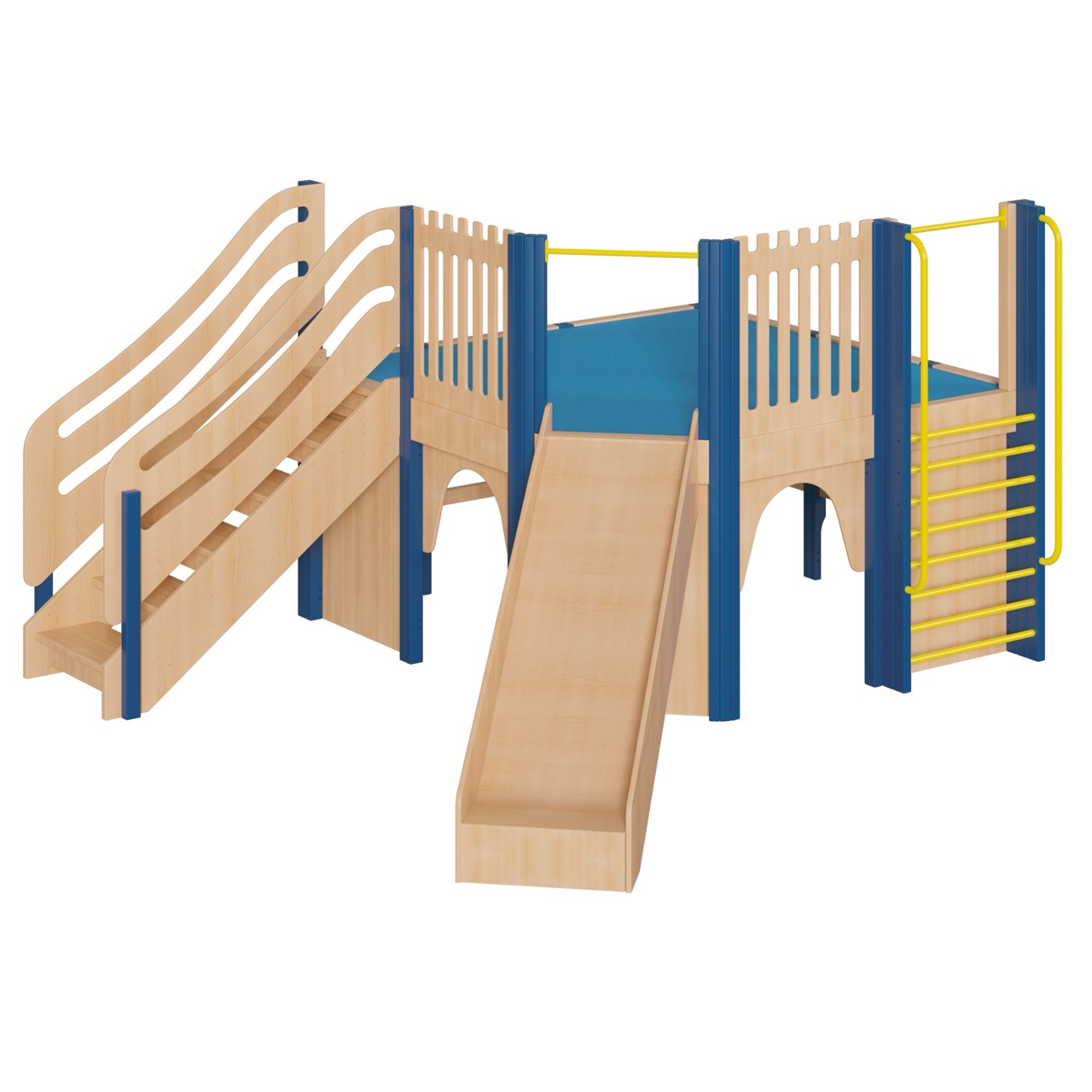 Spielburg mit Treppe, Rutsche und Sprossenwand, komplett in mittlerer Höhe 