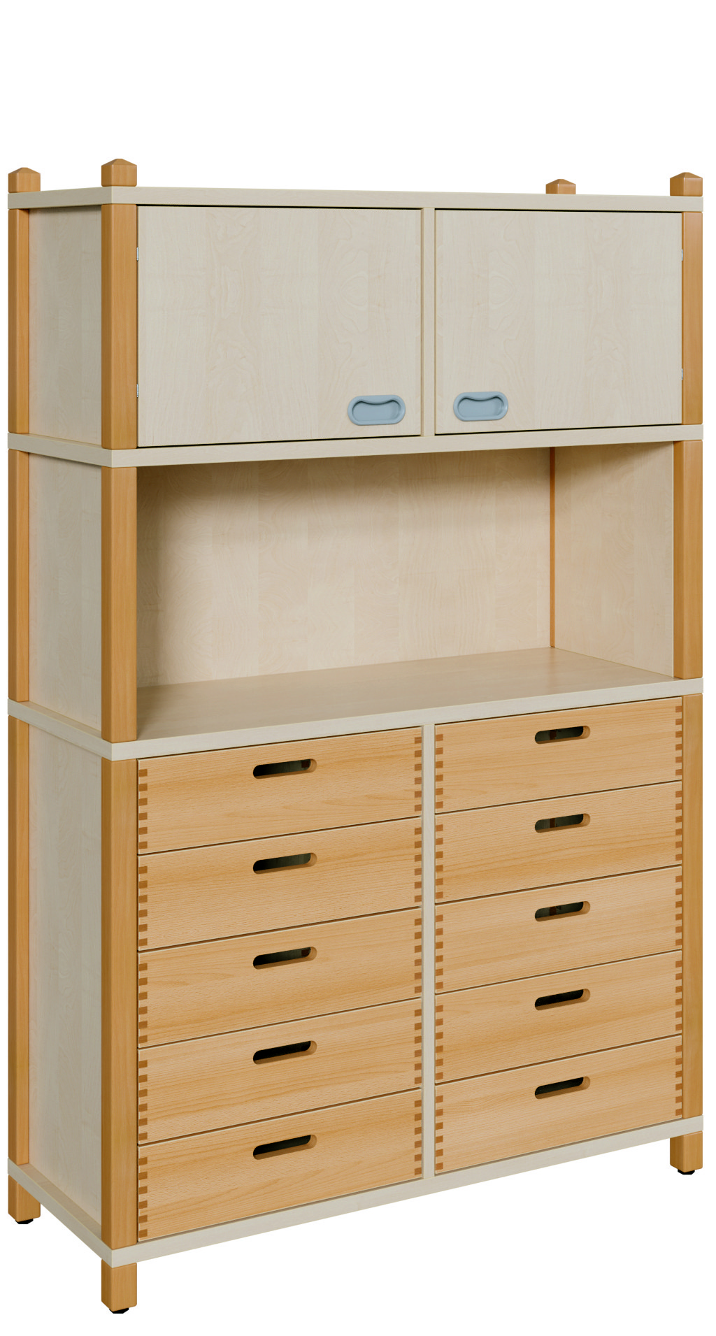 Stollenschrank mit 10 Massivholzschüben und Oberschrank Breite 106 cm