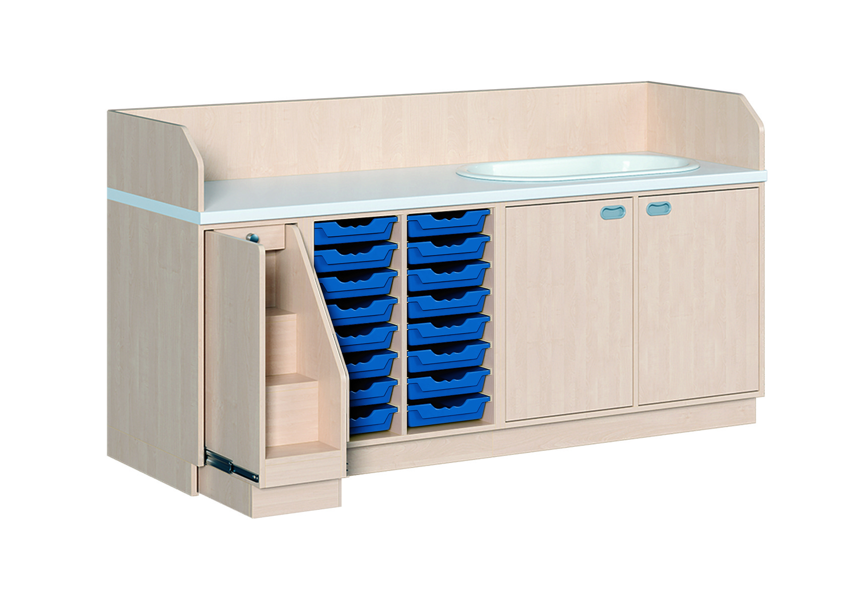 Wickelkommode 213 cm mit Badewanne, ausziehbarer Treppe und 16 flachen ErgoTray Boxen