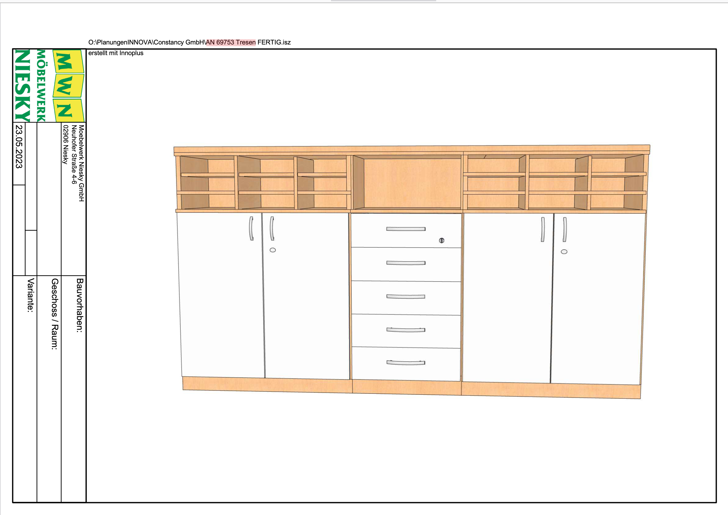 69753_Tresenschrank mit 5 Schüben und Regal oben: BxHxT 50x110x42 cm - Dekor Buche hell, Schübe weiß