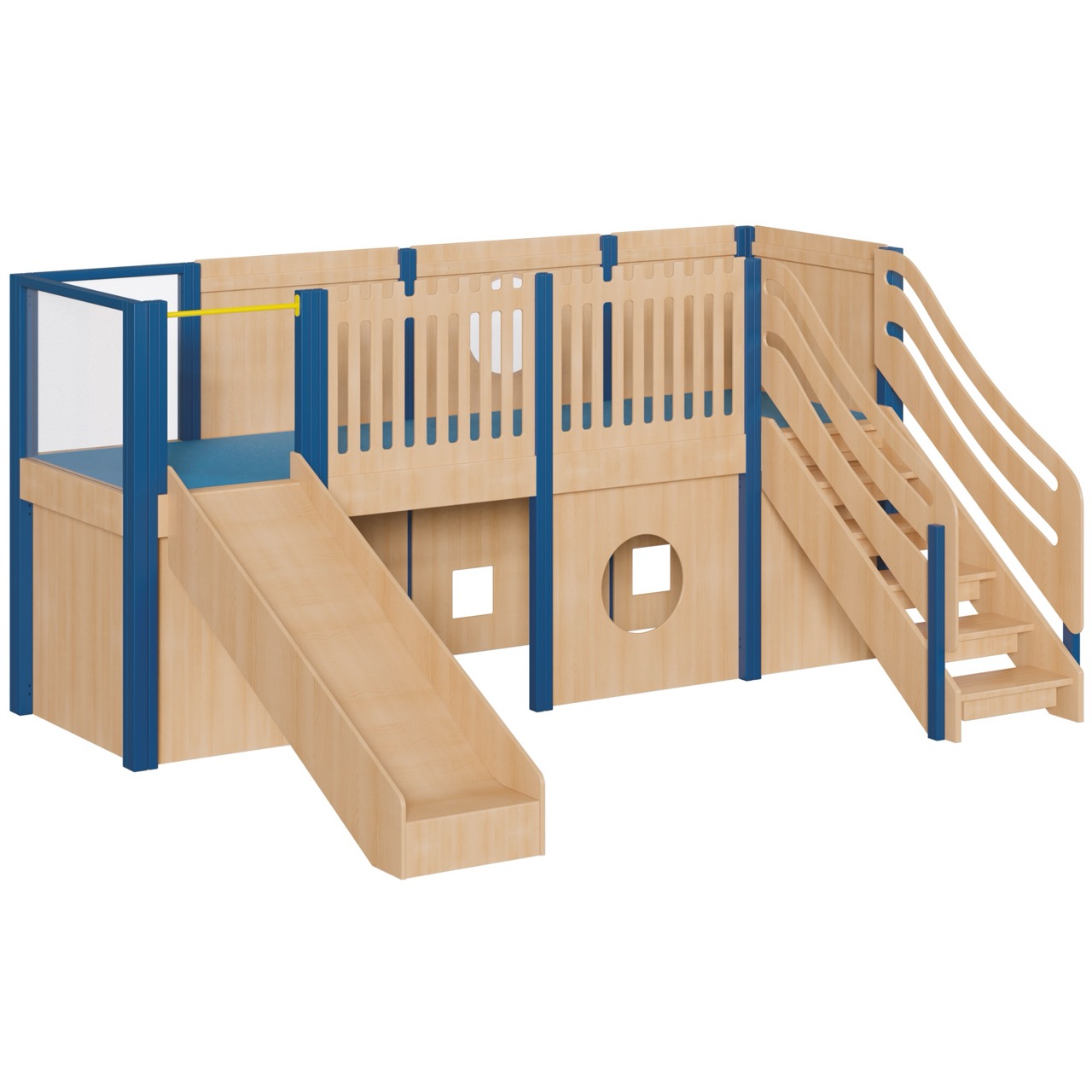 Spielburg mit Treppe und Rutsche, komplett in mittlerer Höhe