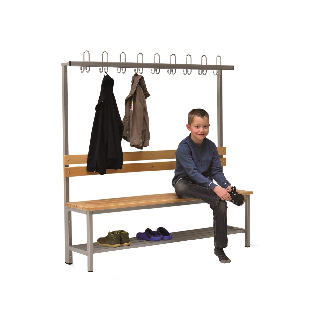 Umkleidebank einseitig mit Massivholz Sitzleisten und Hakenleiste