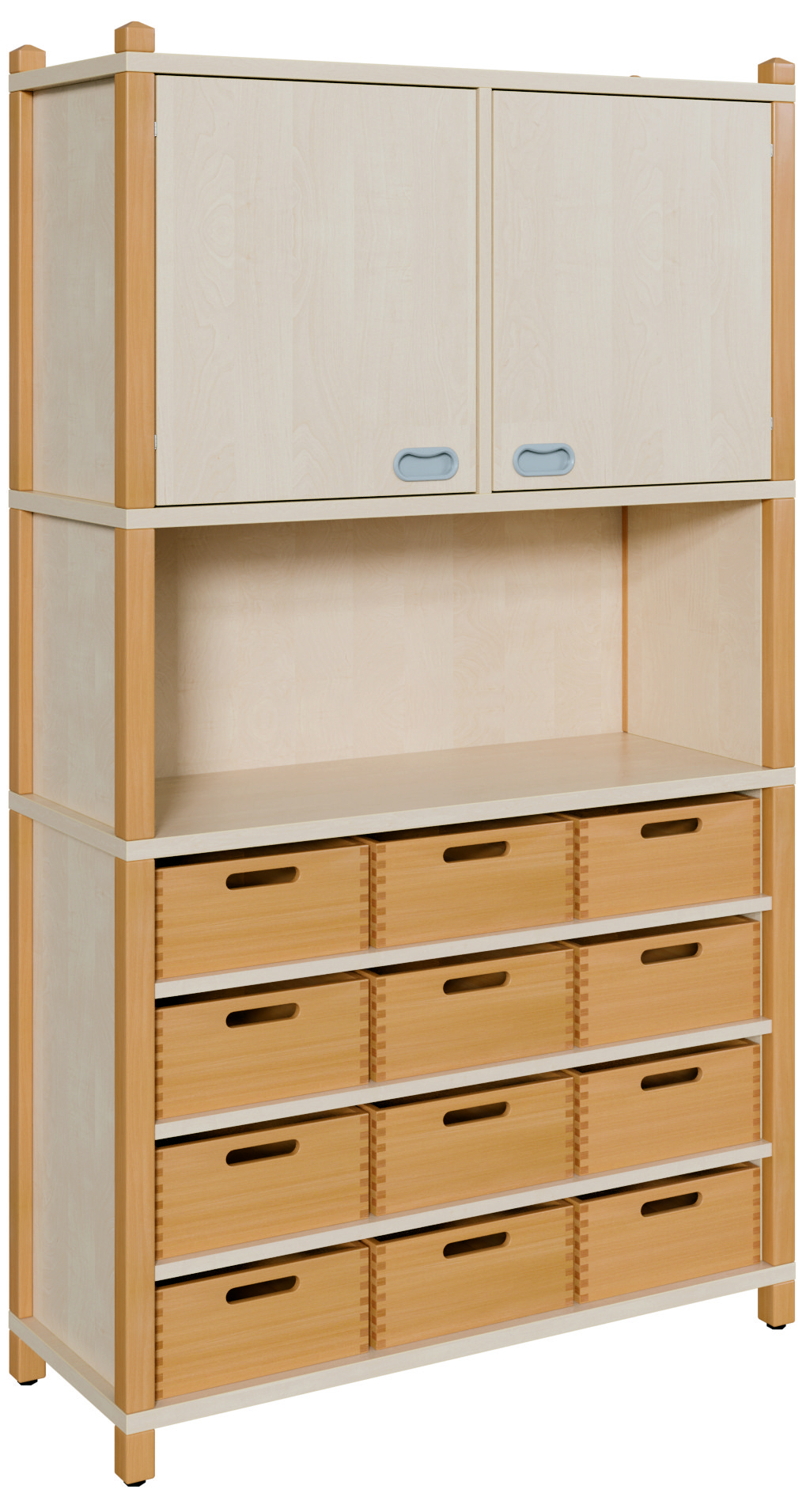 Stollenschrank mit großen Massivholzkästen und Oberschrank