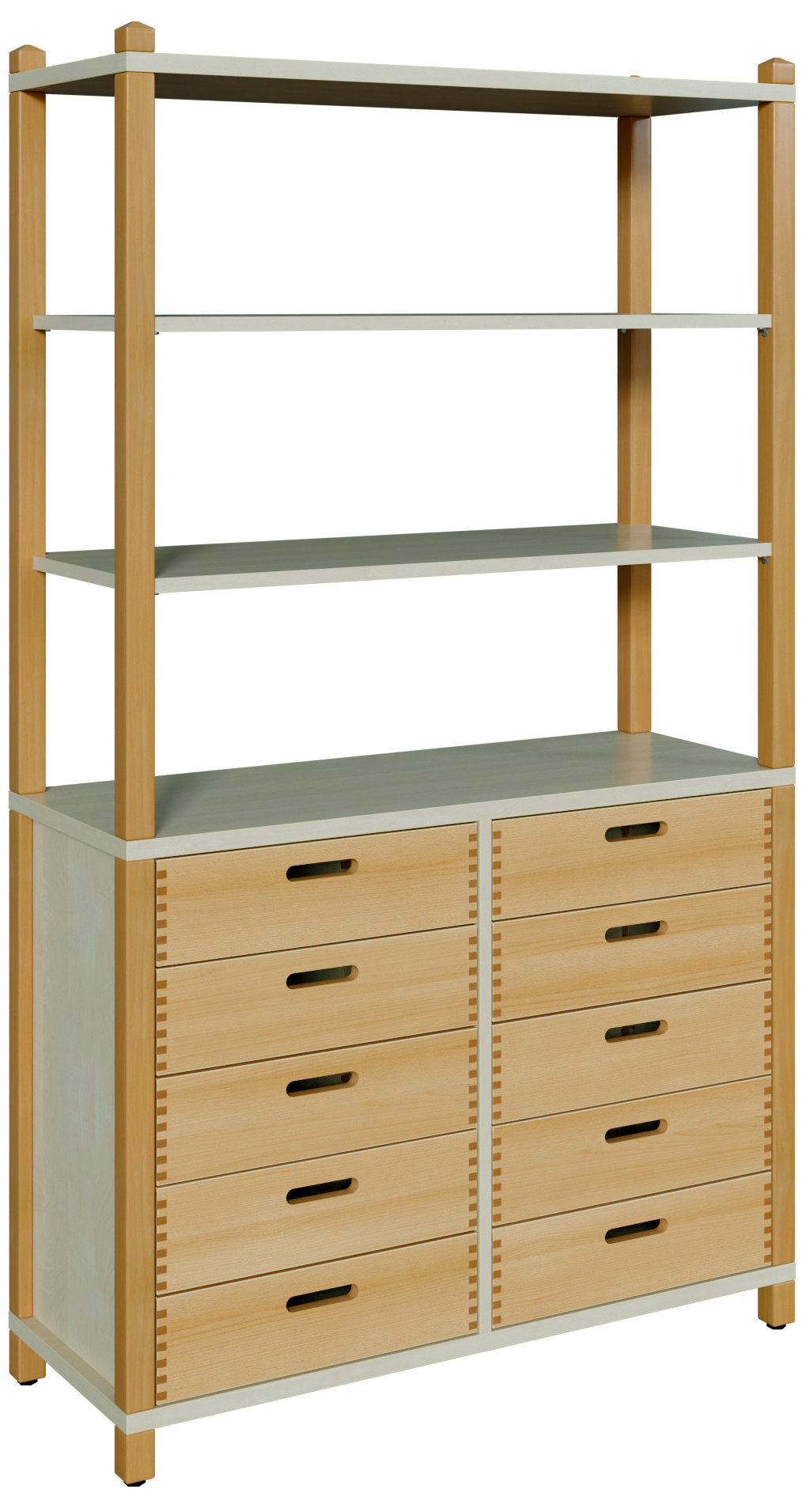 Stollenschrank mit 10 Massivholzschüben und Regalaufsatz Breite 106 cm