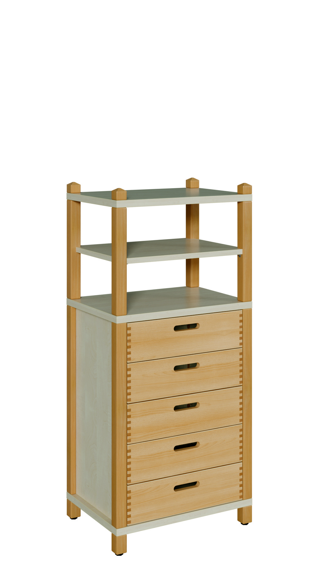 Stollenschrank mit 5 Massivholzschüben und Regalaufsatz Breite 56 cm