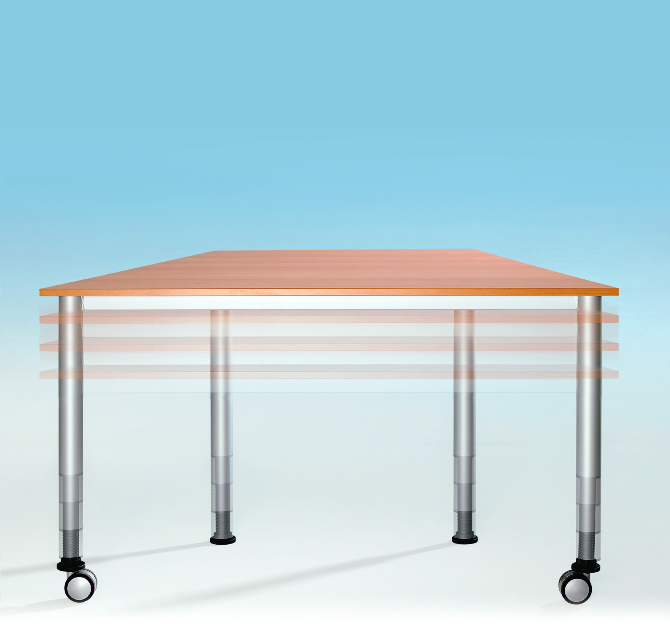 Fahrbarer Tisch trapezförmig mit stufenloser Höhenverstellung