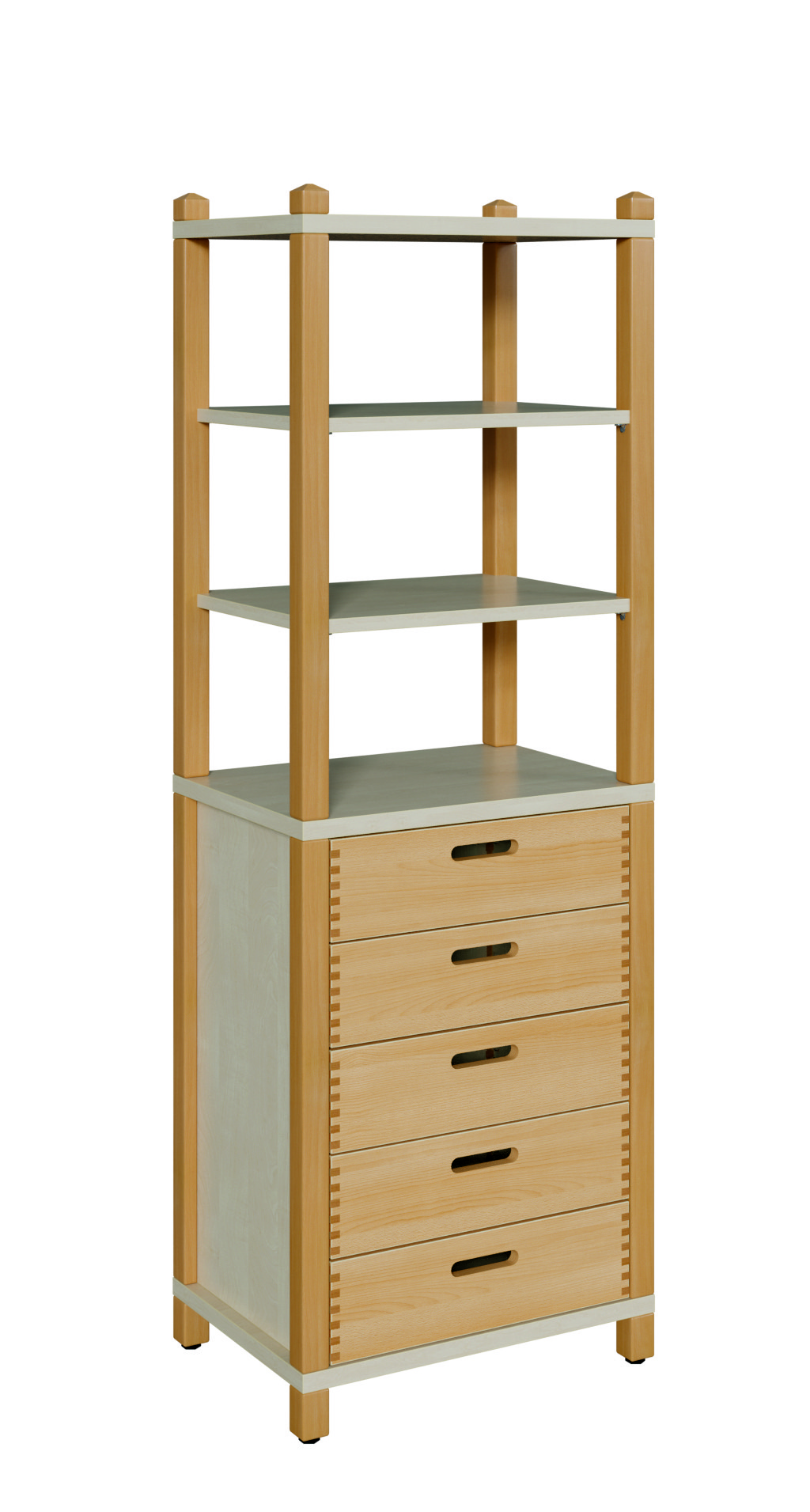 Stollenschrank mit 5 Massivholzschüben und Regalaufsatz Breite 56 cm