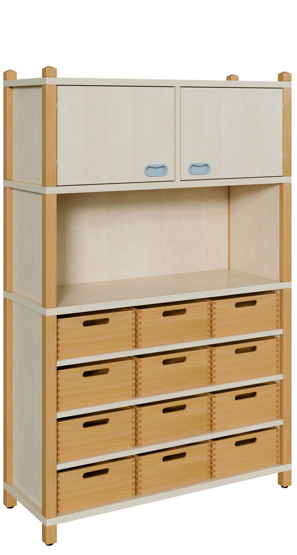 Stollenschrank mit großen Massivholzkästen und Oberschrank