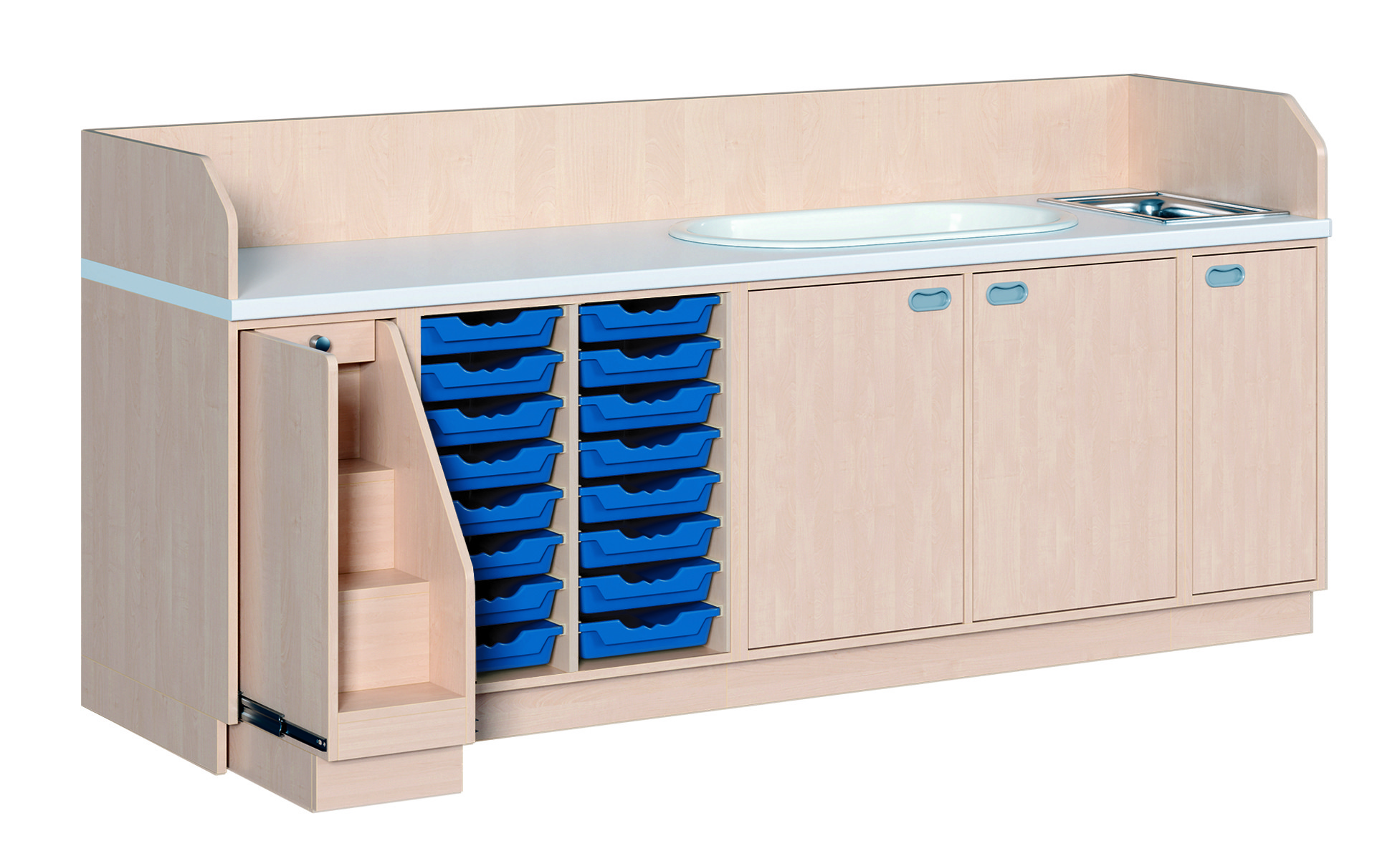 Wickelkommode 249 cm mit Waschbecken, Badewanne, ausziehbarer Treppe und 16 flachen ErgoTray Boxen