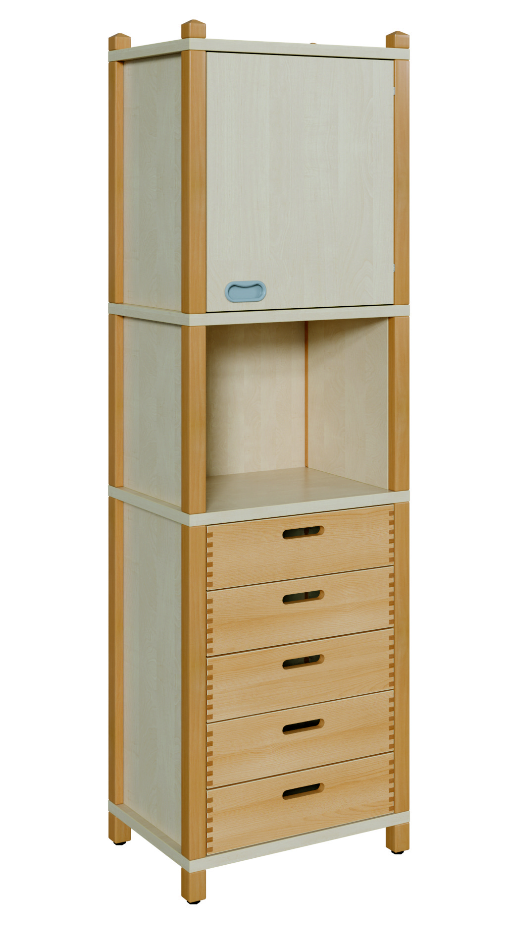 Stollenschrank mit 5 Massivholzschüben und Oberschrank Breite 56 cm