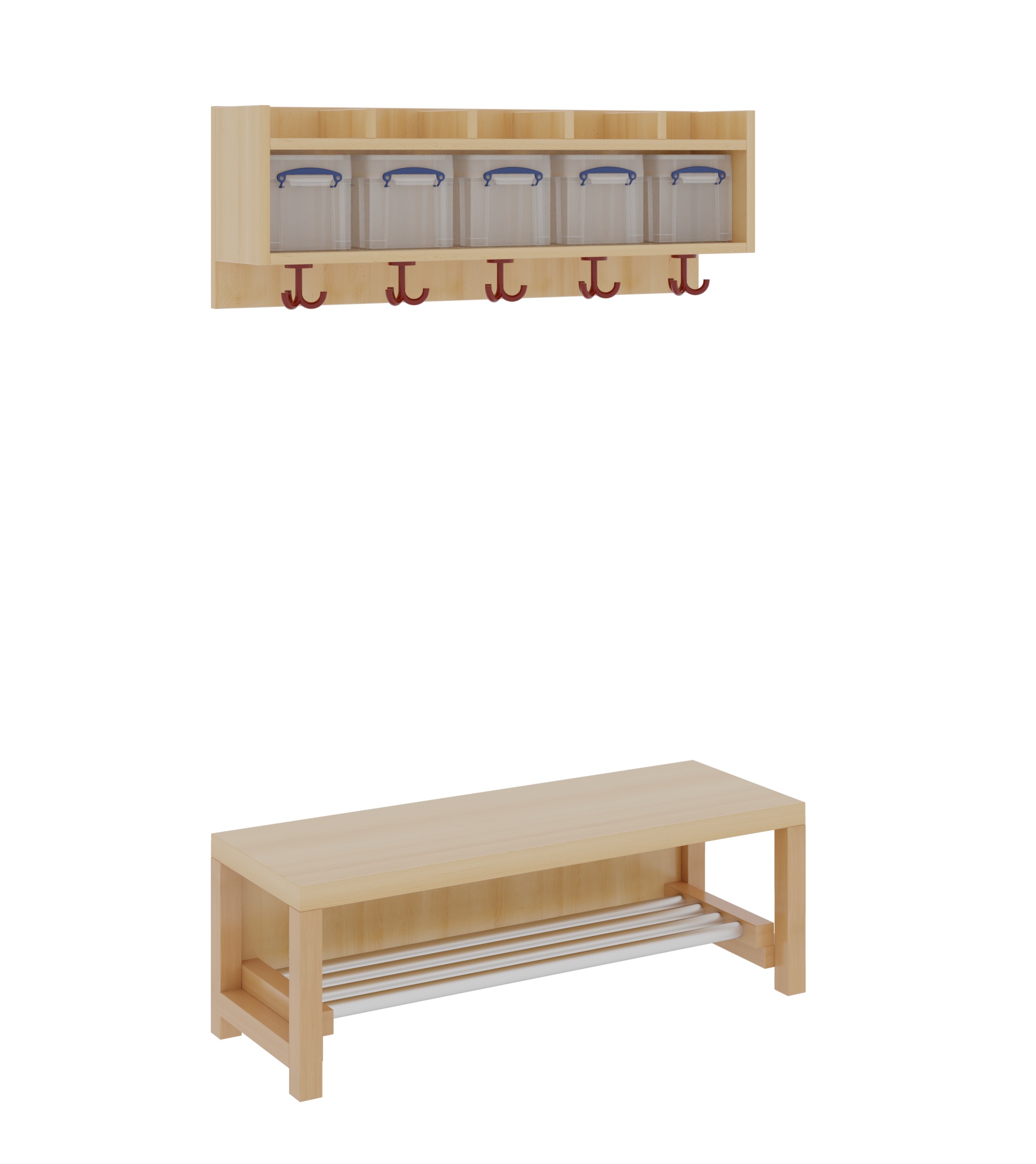 Komplettgarderobe mit Ablage & Boxen – Aluminiumrost, ohne Stütze (Ablage zur Wandmontage)