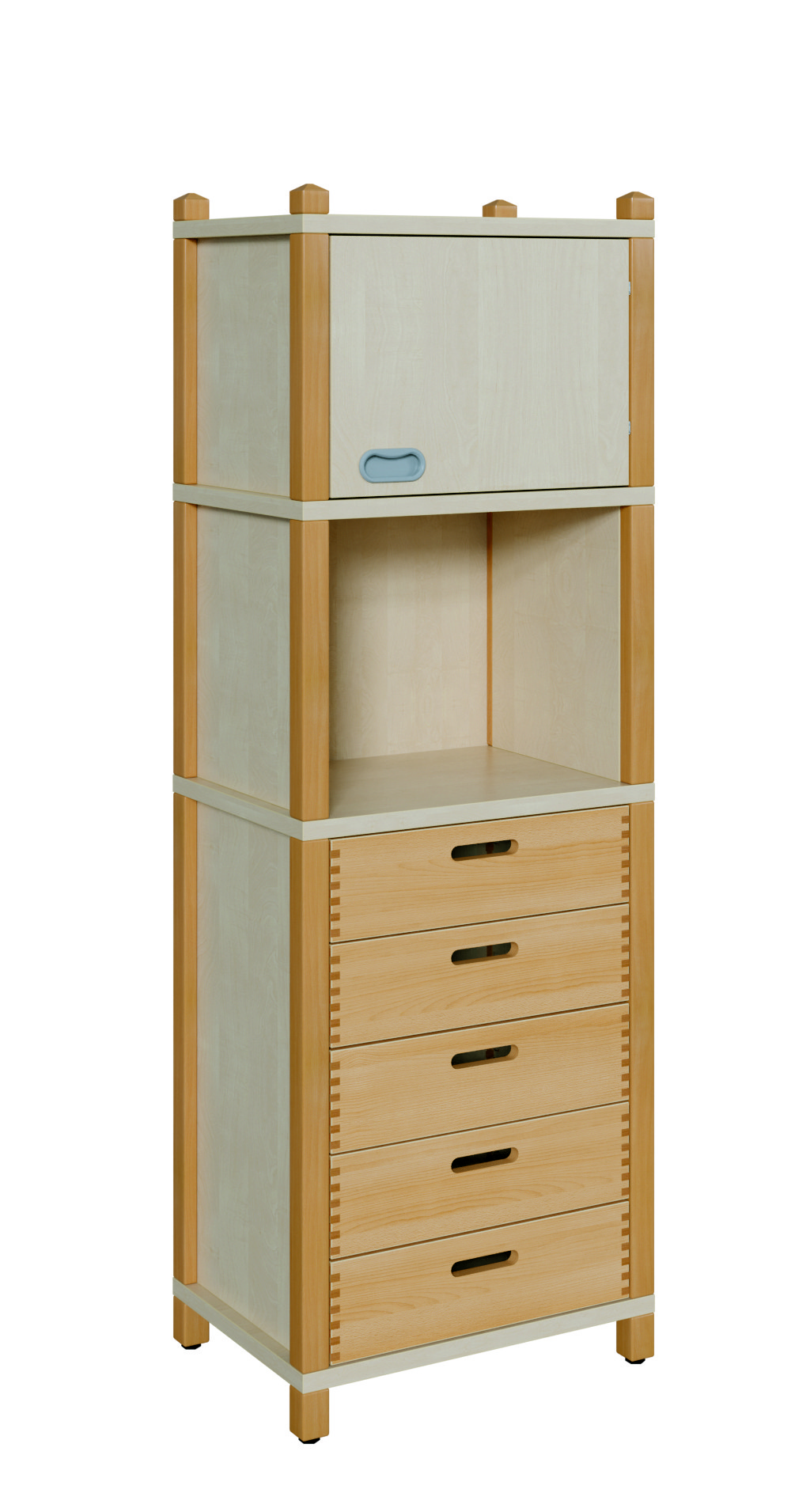 Stollenschrank mit 5 Massivholzschüben und Oberschrank Breite 56 cm