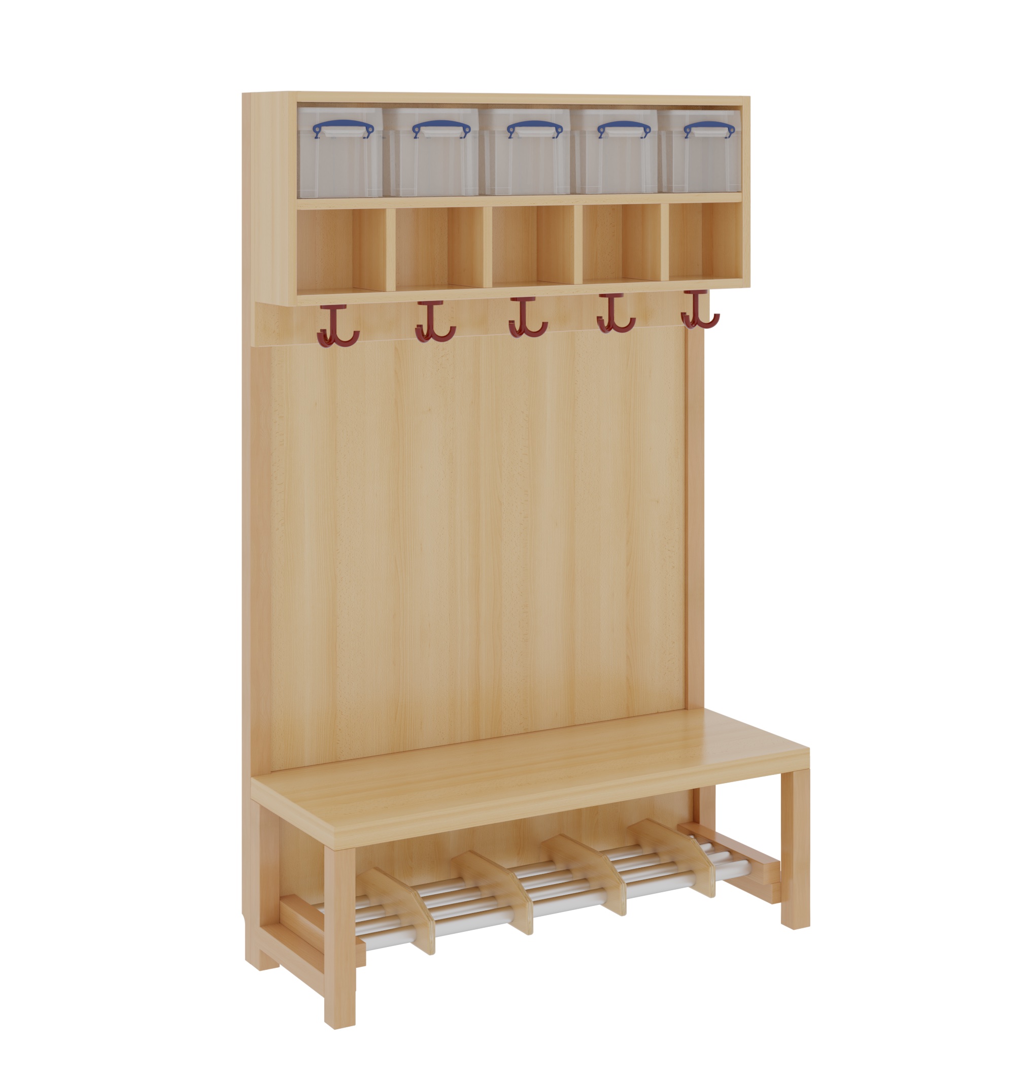 Komplettgarderobe mit Doppelablage & Boxen – Stütze mit Paneelrückwand & Aluminiumrost mit Facheinteilung