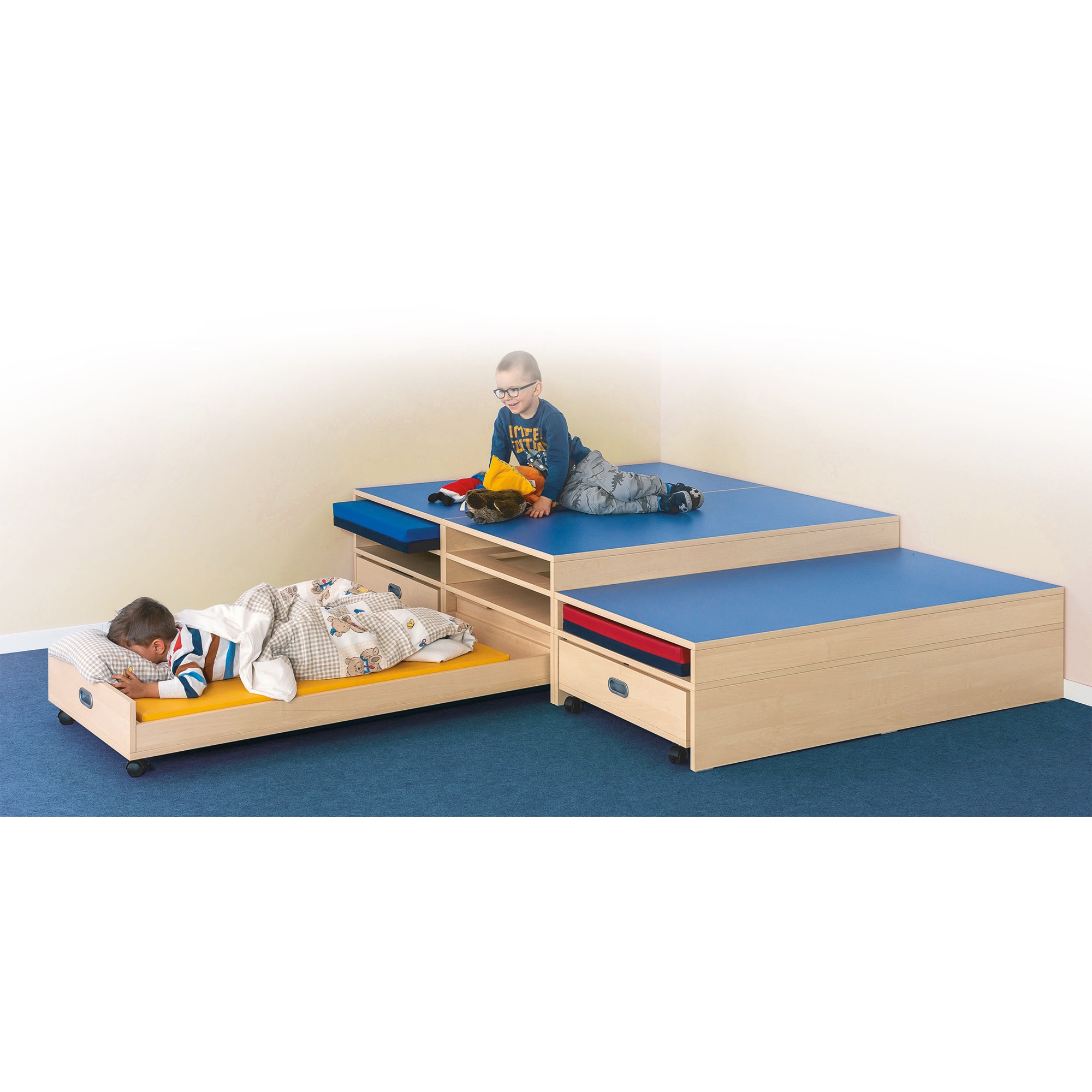 Rechteck-Podest mit Auszugsbett und Linoleum-Deckplatte