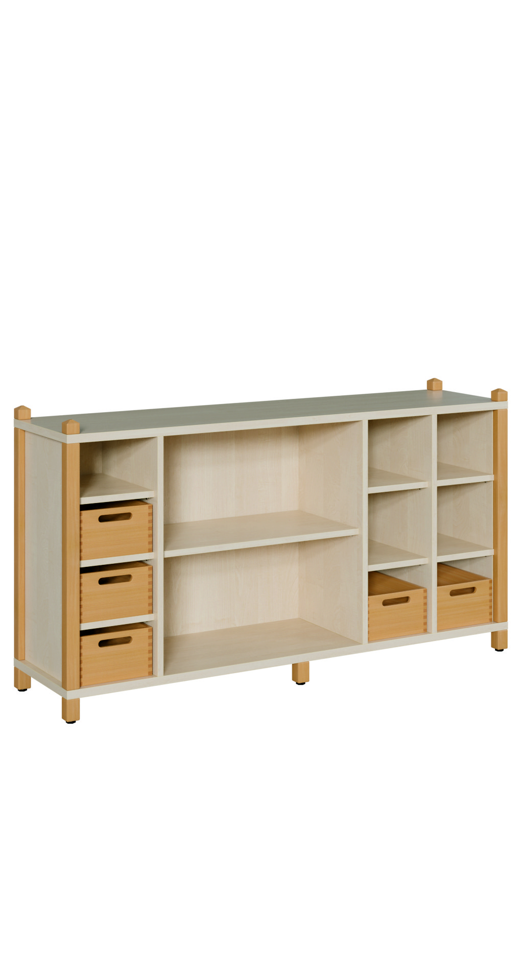 Raumteilerschrank 156 x 80 cm mit 3 Massivholzkästen und 2 breiten und 6 schmalen Fächern