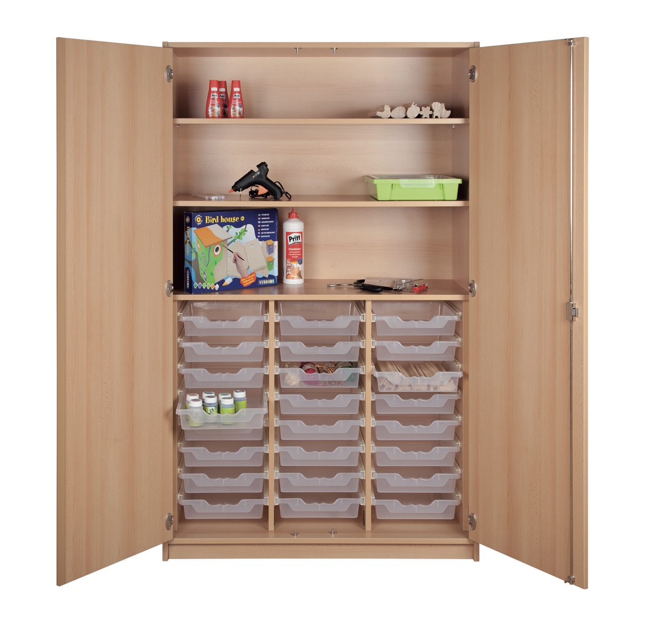 Werkschrank mit 24 flachen ErgoTray Boxen