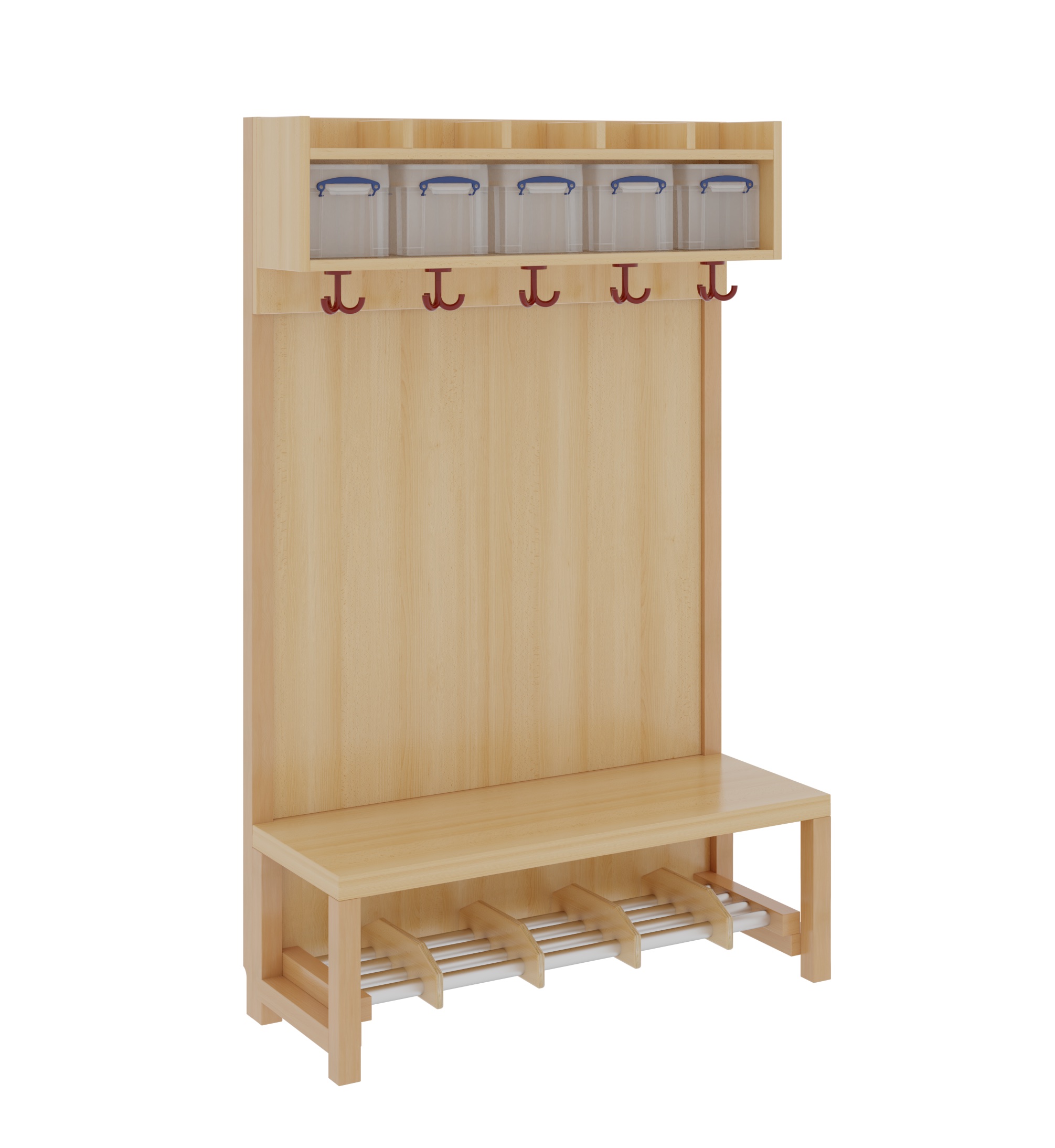 Komplettgarderobe mit Ablage & Boxen – Stütze mit Paneelrückwand & Aluminiumrost mit Facheinteilung in buche hell