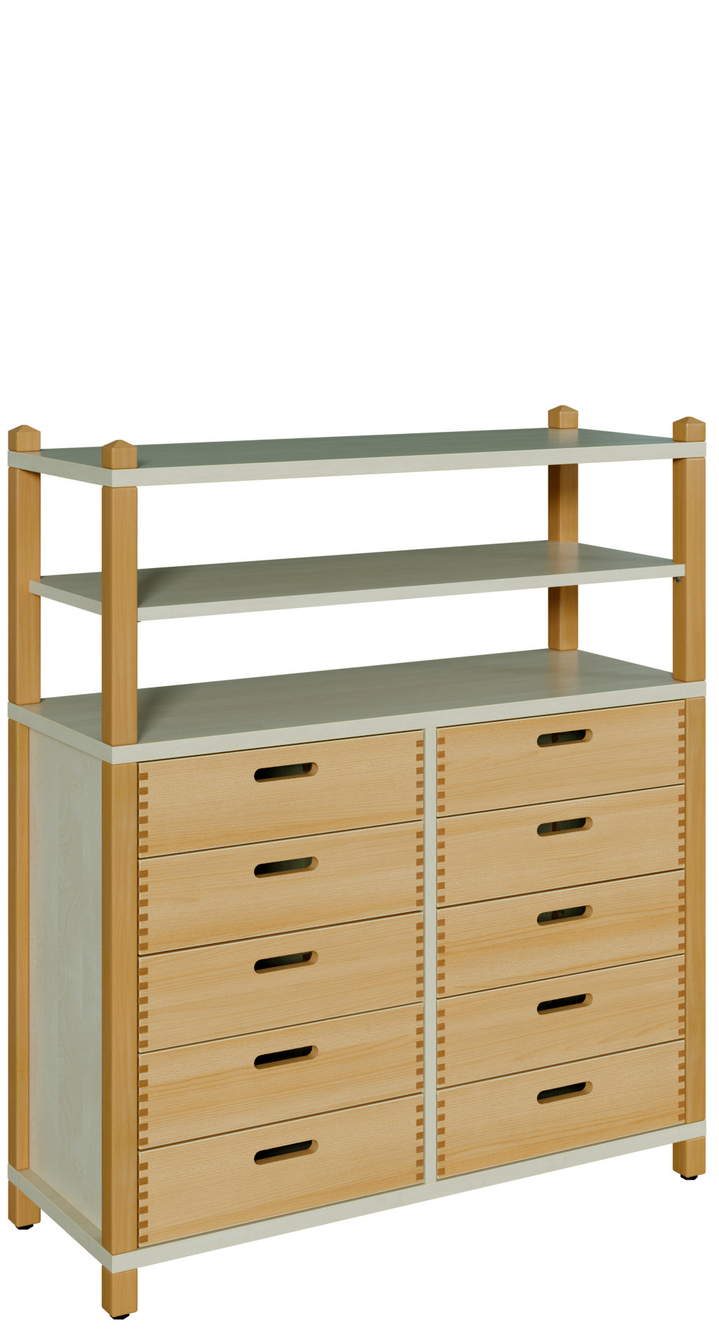 Stollenschrank mit 10 Massivholzschüben und Regalaufsatz Breite 106 cm